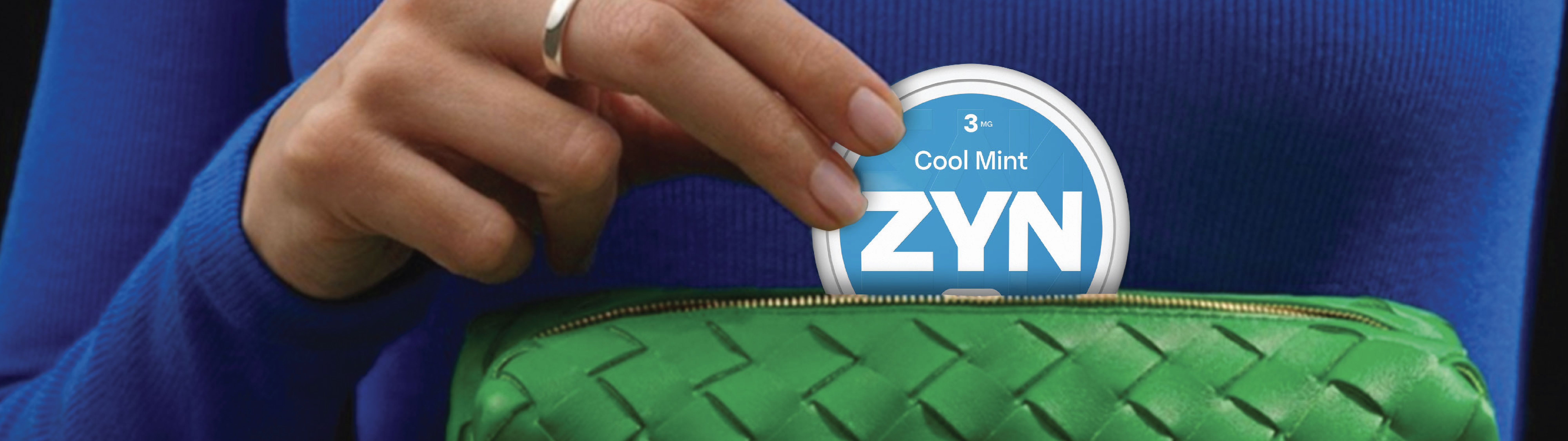 Image of a ZYN Cool Mint can being placed into a green pouch. 